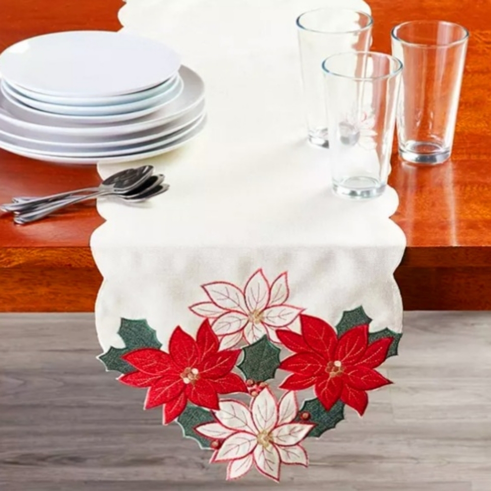 Santa's Workshop Poinsettia Cutout Christmas Table Runner Bundle